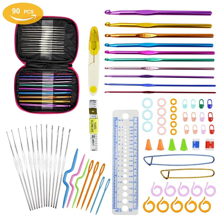 90pcs Aluminum Weave Craft Sewing Collection with Pink Carrying Bag Crochet Hooks Set Ergonomics Knitting Needles Case