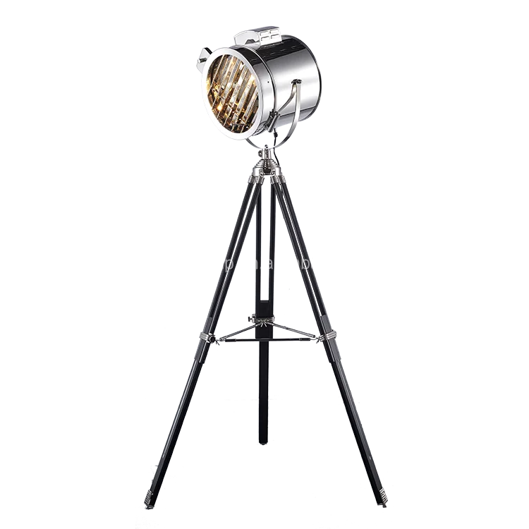 Industrial vintage brass natural wood tripod stand copper floor lamp for living room