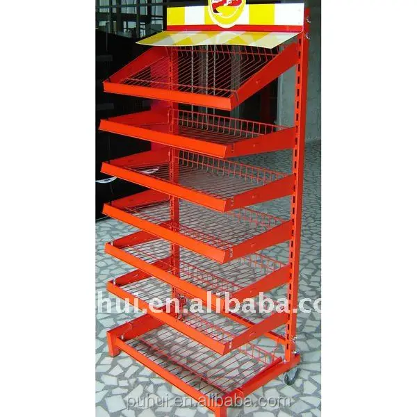 grocery store hot sales multi layer steel wire frame rack  floor snack food display stand with logo header