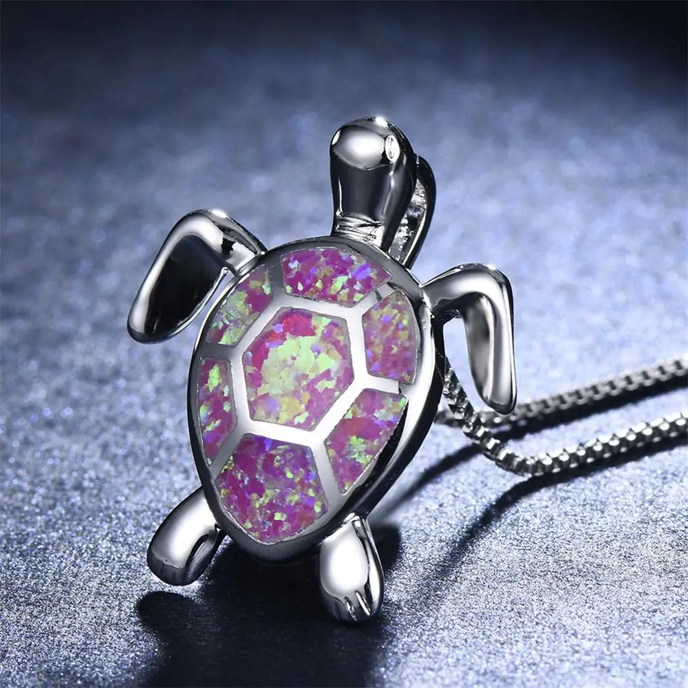 
Australia Multicolor Fire Opal Sea Turtle Pendant Necklace 925 Sterling Silver/Brass Birthstone Jewelry for Women 