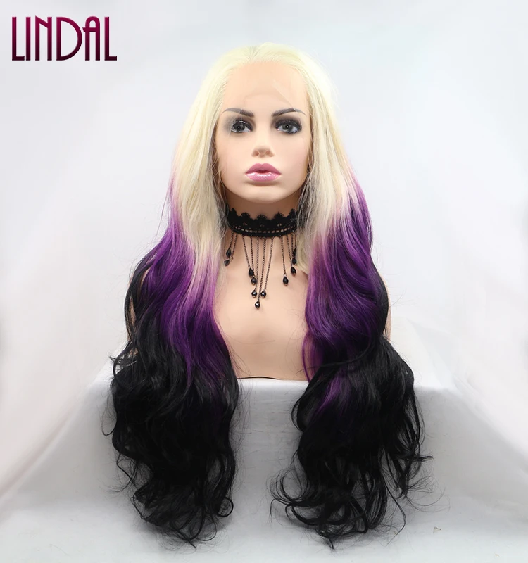 LINDAL Platinum Blonde Ombre Purple Synthetic Lace Front Wig for Black Women Long Wavy Wigs Heat Resistant Fiber Hair