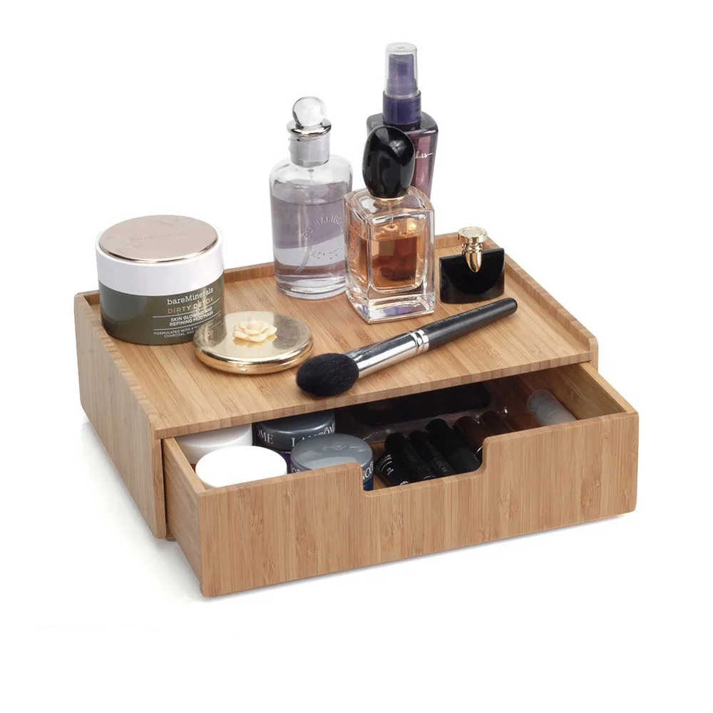 Natural Bamboo Wood Makeup Drawer Organizer Tray Storage Box, Break Resistant Display Case and drawer