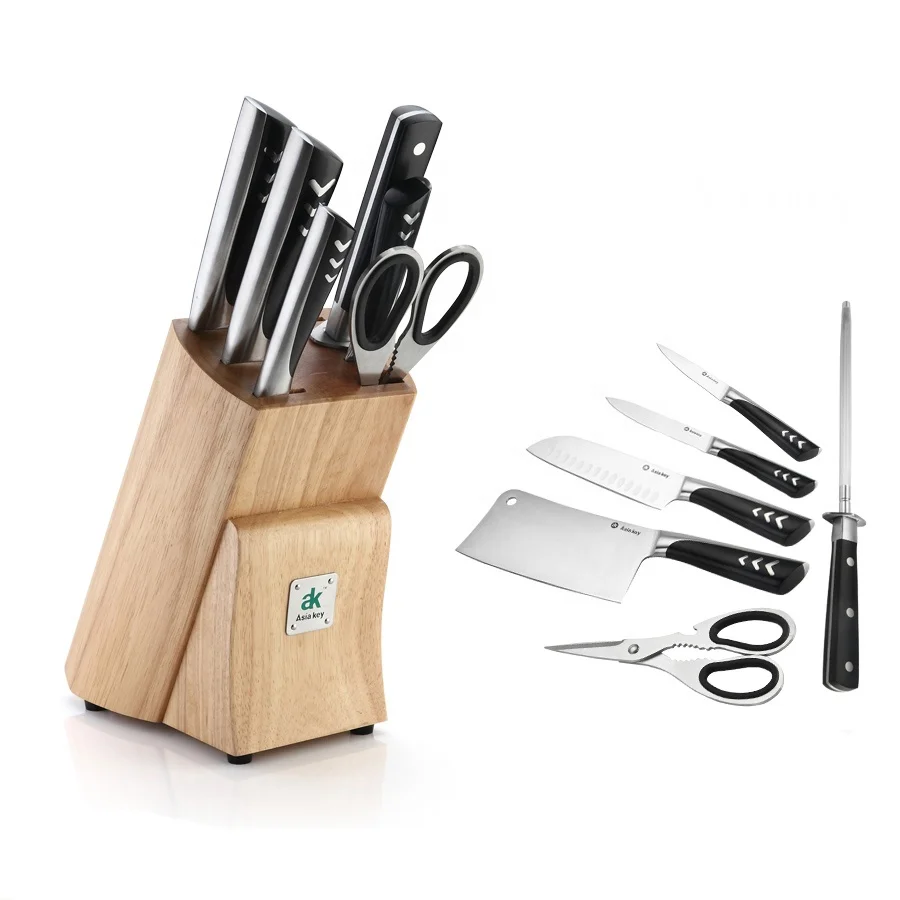High Quality 6 slots Oak Wood Knife Block Holder For Knives Sharpener And Scissor