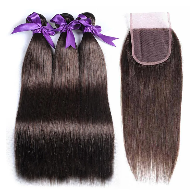 
Human hair weave color #4 dark brown straight bundles with closure ,Brazilian virgin colored human hair extension 