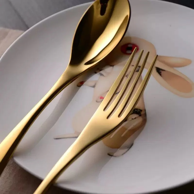 Stainless Steel Flatware Set Golden Spoon and Fork Thick Handle Gold Cutlery for Restaurant