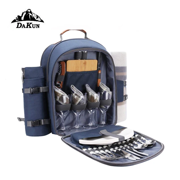 Picnic Backpack For 4 Person Set With Insulated Waterproof Pouch For Family Outdoor Camping (Navy Blue)