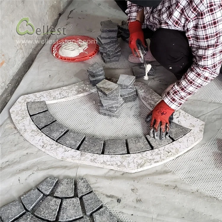 g684 fan shape black granite black basalt cobble on mesh for patio driveway paving