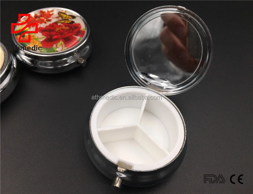 
2021 Athmedic food grade 3 case round circle mirror jewelry promotional mirror decorate metal pill case box 