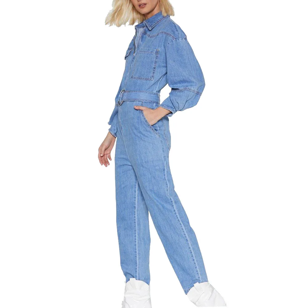 2019 Hot sale  long sleeve blue Rompers for women  tie belted casual loose washed denim jumpsuits