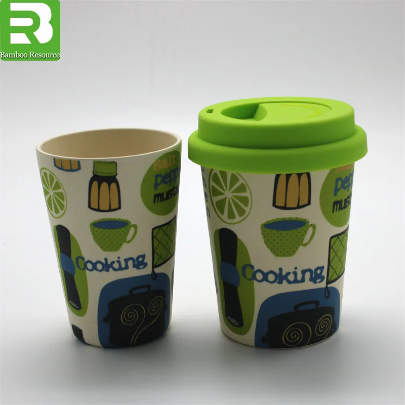 
12oz biodegradable custom printed reusable melamine Bamboo Fiber Coffee Cup with lids 