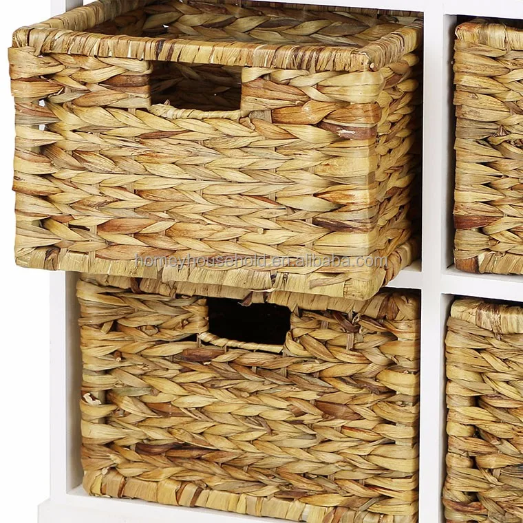 Simple Storage Unit, 4 drawer chest wood shelf cabinet with 4 straw baskets