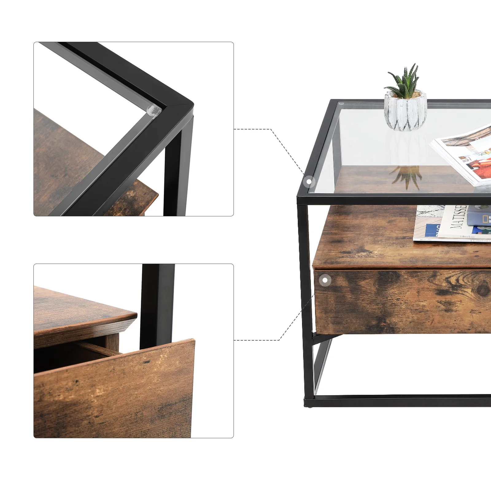 Многофункциональный роскошный минималистичный стеклянный журнальный столик VASAGLE среднего века для гостиной с металлической рамкой