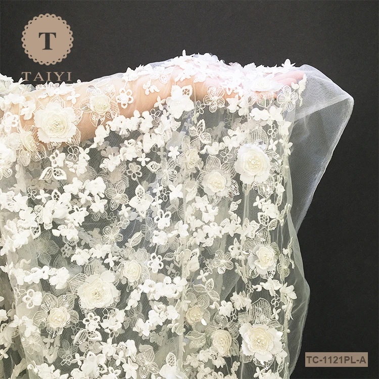 High quality fashion 3D flower beaded lace fabric for wedding dress