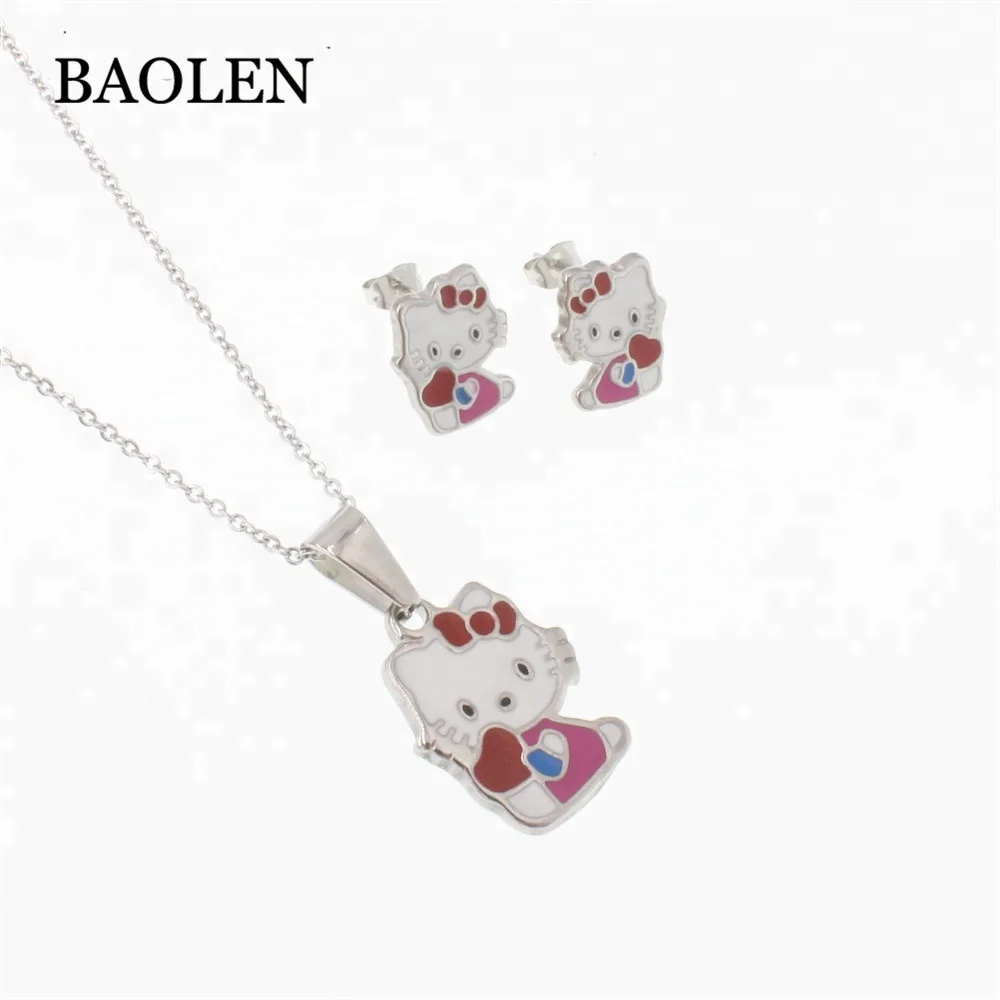 Wholesale Cartoon Kids Children Epoxy Stainless Steel Gold Plated Enamel Jewelry Sets  Earring Pendant Set