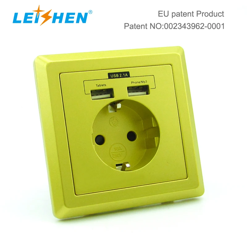 LEISHEN 16A Cheaper Price 86*86mm Electric Plug Dual USBA Schuko Wall Mount Socket For Germany France Italy Market