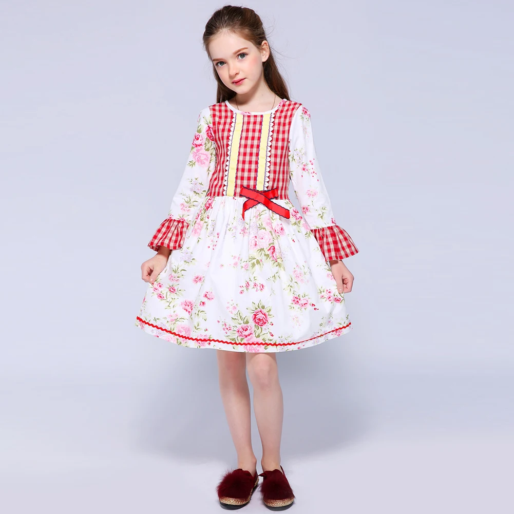 Kseniya Kids Pink Floral Plaid Patchwork Petal Sleeve Fancy Dress For Indian Girl Party Communion Girls Floral Dresses