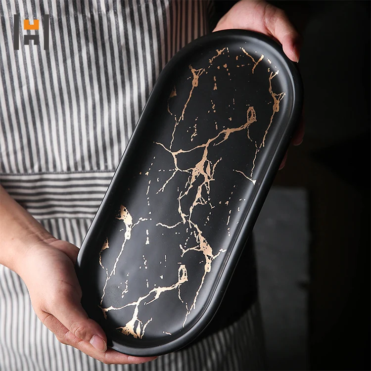 Oval shape black marble gold ceramic plate tray for wholesale