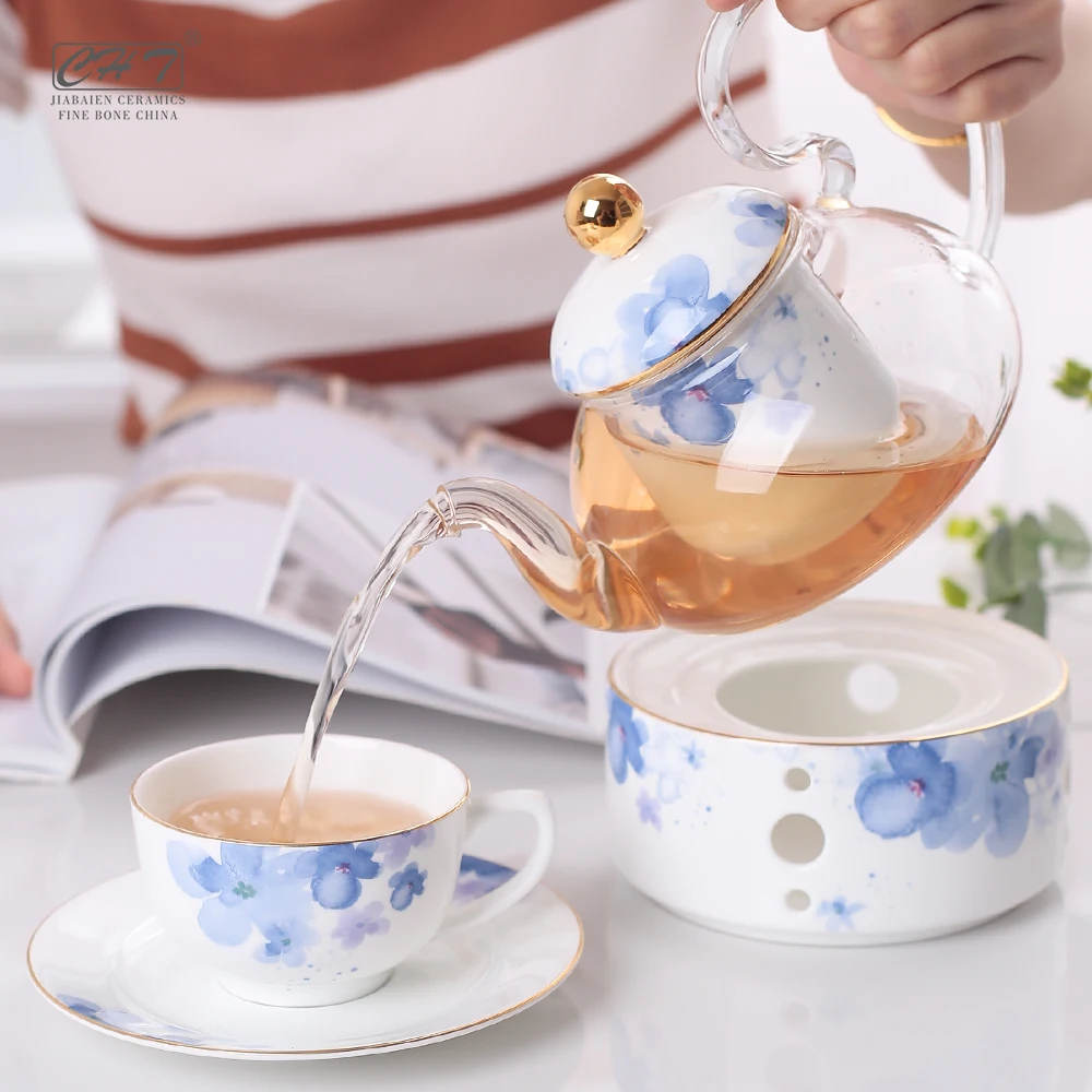 elegant decal antique bone china white ceramic gold porcelain pakistan tea tasting set tea coffee cup set with glass teapot set
