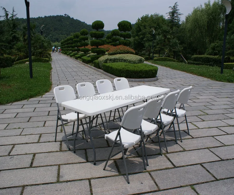 8ft Foldable Outdoor Plastic Table, Durable Long Banquet Table for Party and Events, Plastic Solid Panel Folding Table