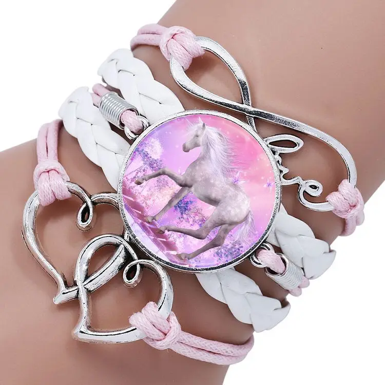 Hot sale time gem glass bracelet cartoon unicorn braided leather bracelet