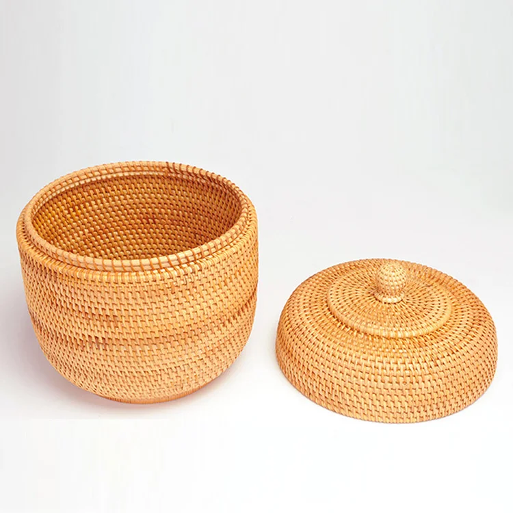 Renel Custom Round Storage Natural Rattan Box with Lid