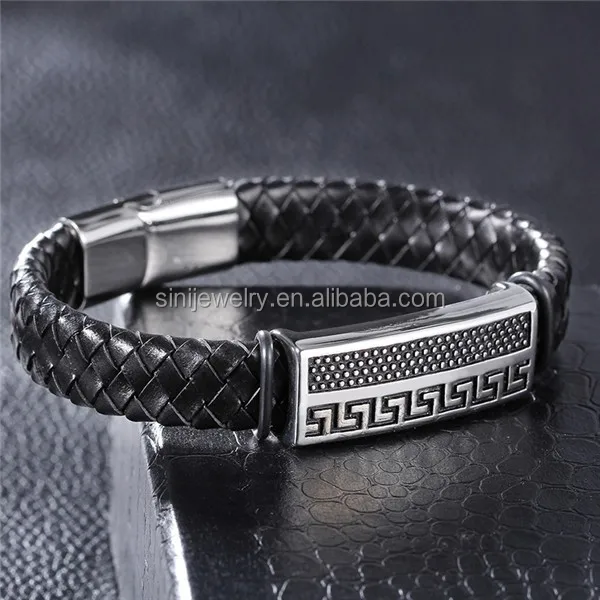 Latest Design Wide Braided Leather Bracelet men engraved metal plates Black Genuine Bangle with Stainless Steel Magnetic Clasp