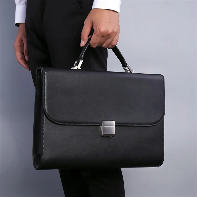 New Arrivals Custom Black Plain Nappa Real Leather Handbag for men Large Briefcase with Private Logo OEM&ODM Service China