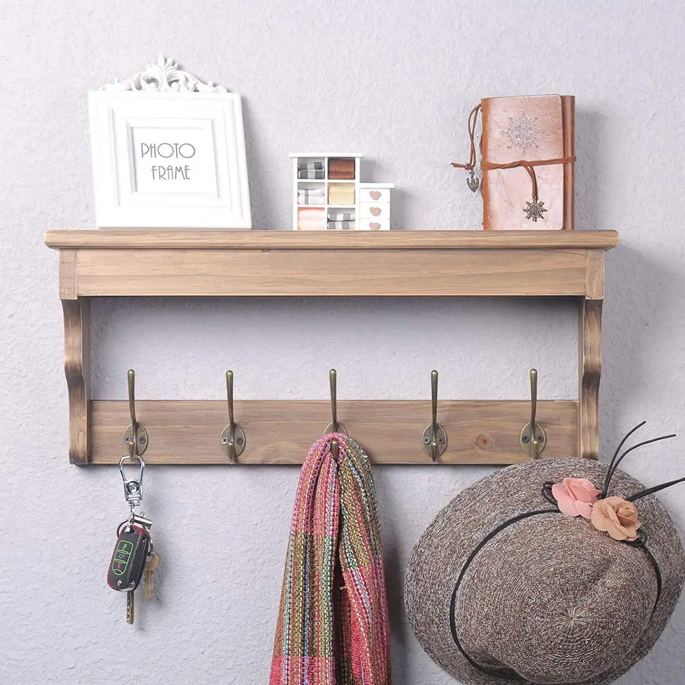 Wall Mounted Coat Rack with Shelf,Wooden Coat Hook Rack with 5 Metal Hooks for Hanging Coats,Rustic Entryway Shelf Wood Shelves