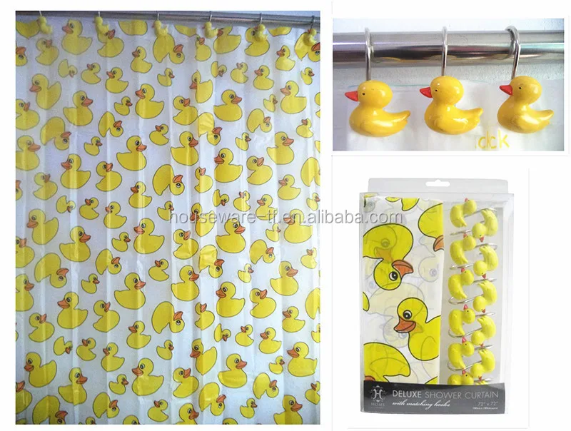 Animal Children Yellow Duck Design PEVA Shower Curtain with C Hooks Set of 13 Plastic Duck Shower Curtain Sets