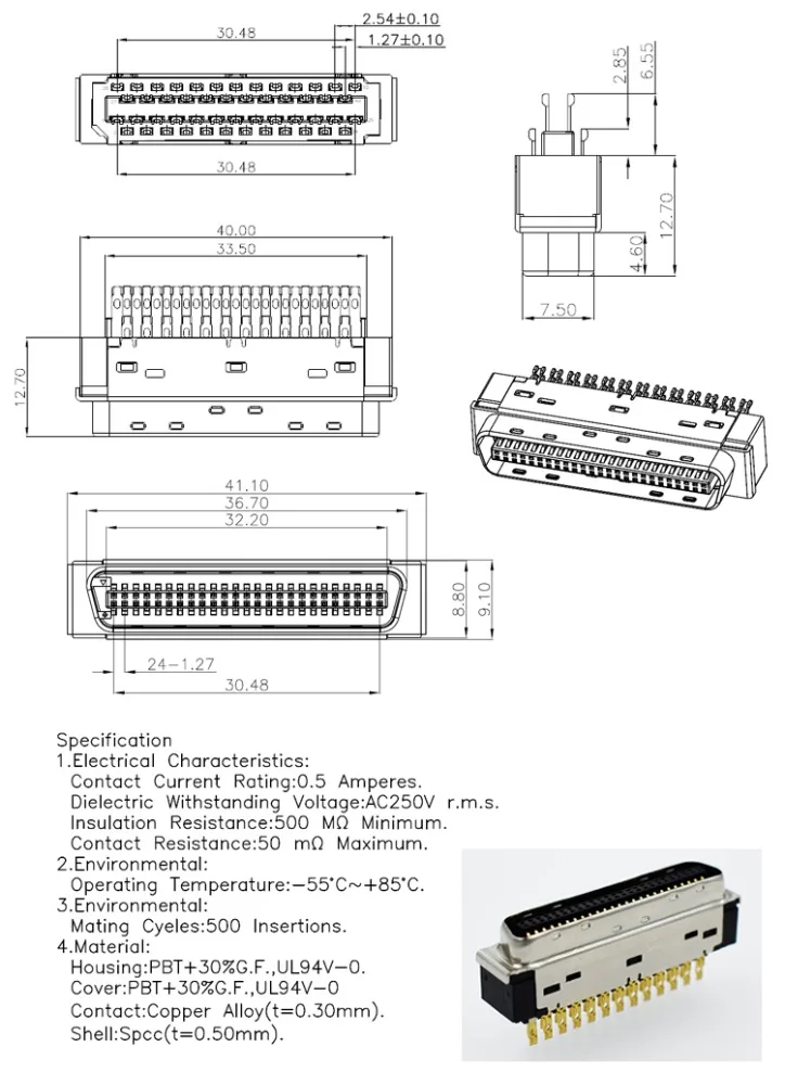 Factory direct 3M HPCN 3U' Gold SCSI Male head Connector 50P 50Core 20P 26P 50P Solder type