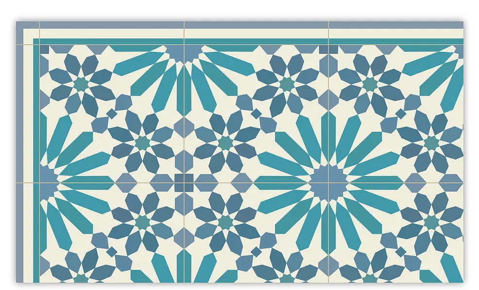 Vinyl carpet with saffalo designs tiles in turquoise Traditional morrocco tiles in turquoise