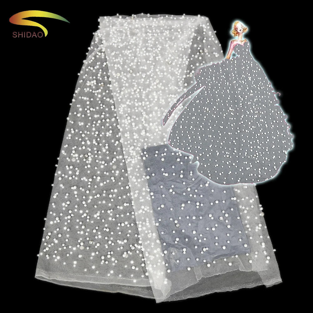 Water soluble net swiss voile high quality with crystal white heavy beaded pearl tulle lace fabric