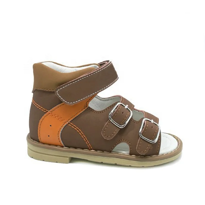 First layer leather kids orthopedic shoes with arch support sole tough buckle strap sandals for boys children