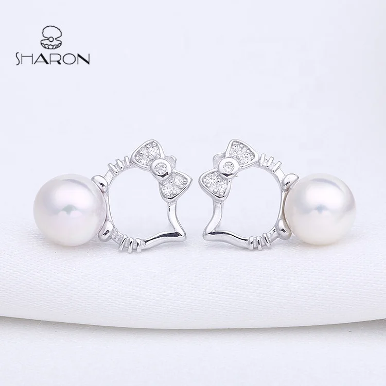 Hot Sale Women Jewelry Hello Kitty 925 Sterling Silver New Design of Pearl Earrings Stud