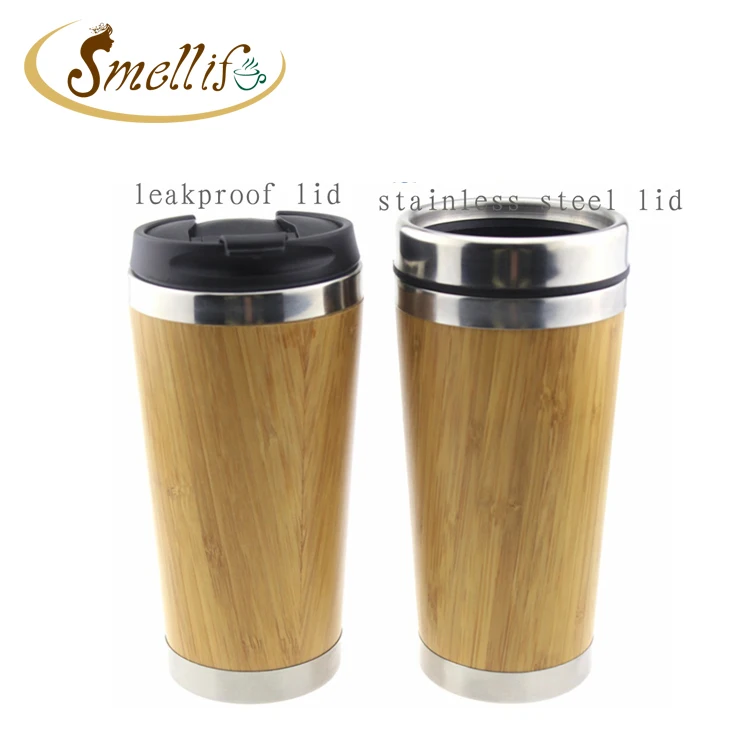 16oz Wholesale 450ml  Stainless Steel Bamboo Travel Tea Coffee Thermal Mugs Cups with Leak proof lid