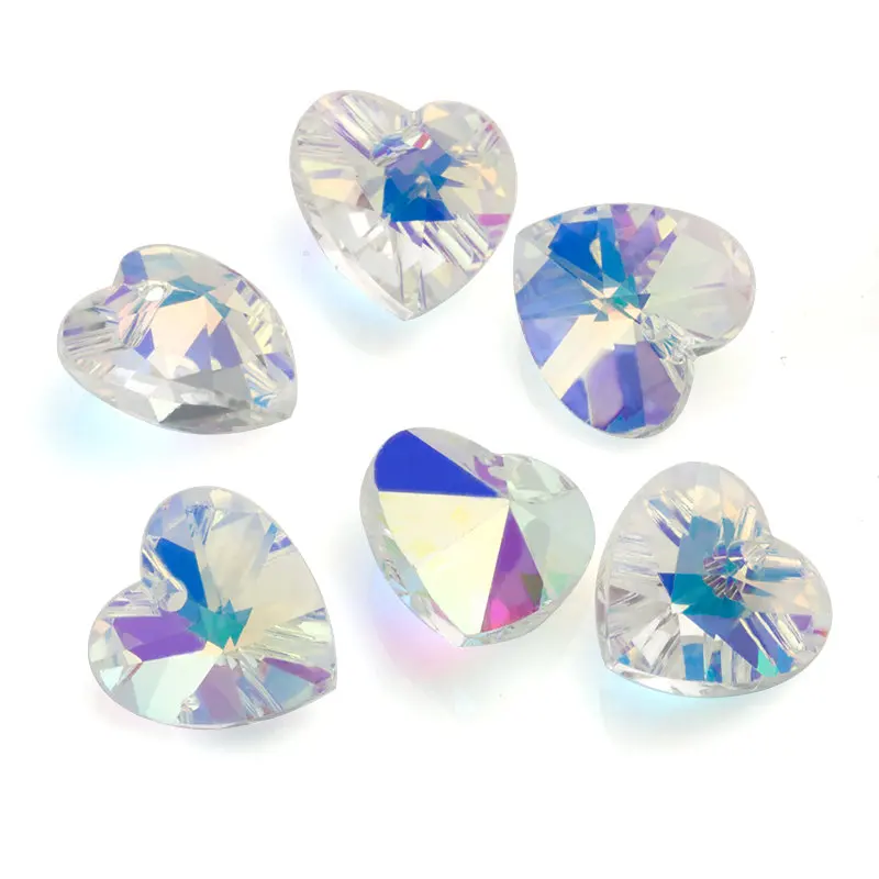 14mm Aurora Borealis Glass Single Hole Heart Shape Crystal Pendant Beads for Jewelry Making
