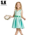 S K High end Clothing V neck Fashion Girls Solid Dress with Dimensional Flowers 2016 Summer