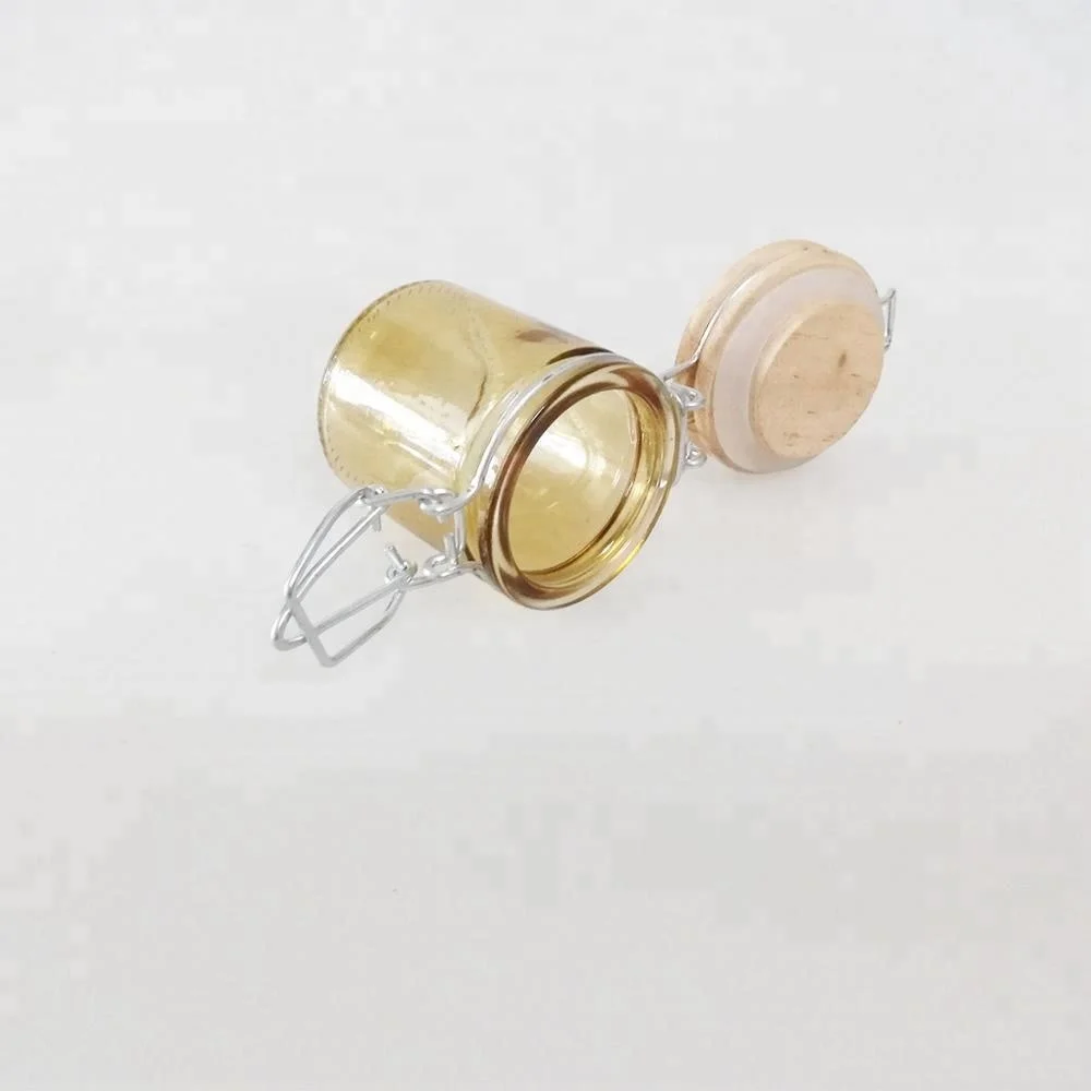 Mini 50ml Amber Color Glass Jar with Wooden Lid Printing Logo Glass Storage Jar with Swing Top
