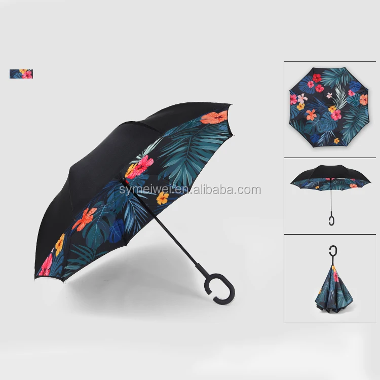reverse umbrella with logo custom printing flower inside inverted C curve handle business ads promotion for the rain umbrellas
