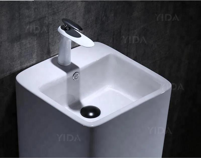 Modern Free Standing Full Ceramic Square Tube Pedestal wash Basins , Home or Business