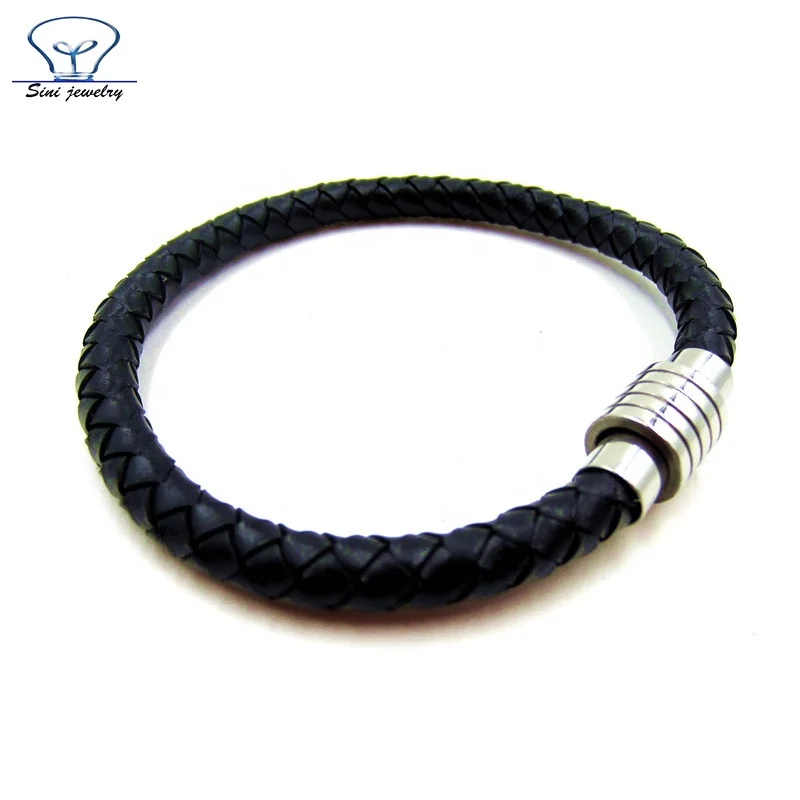 Sini Jewelry Wholesale Genuine Braided Leather Bracelet Stainless Steel Bio Magnetic mens Bracelet men accessories 2016