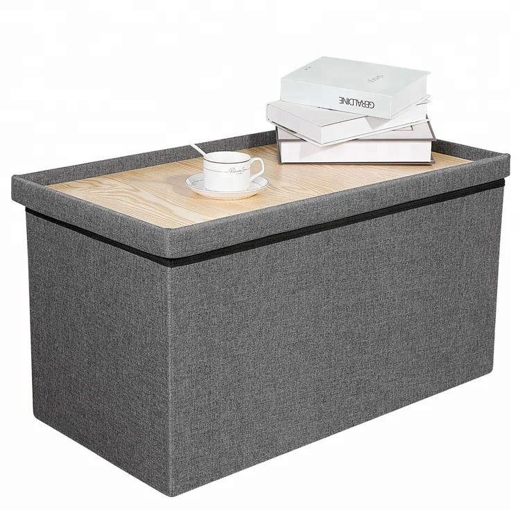 Linen fabric cover folding storage ottoman bench with tray