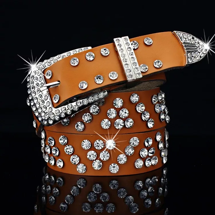 Luxury Pin Buckle Leather Waist Belt Rhinestone Crystal for Women