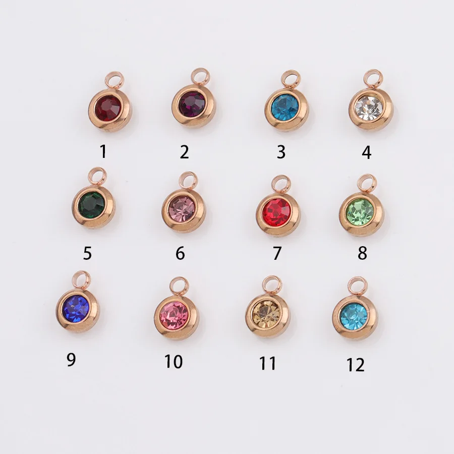 6.5mm Stainless Steel Rhinestones Rose Gold 12 Birthstones Charms for DIY Jewelry Making