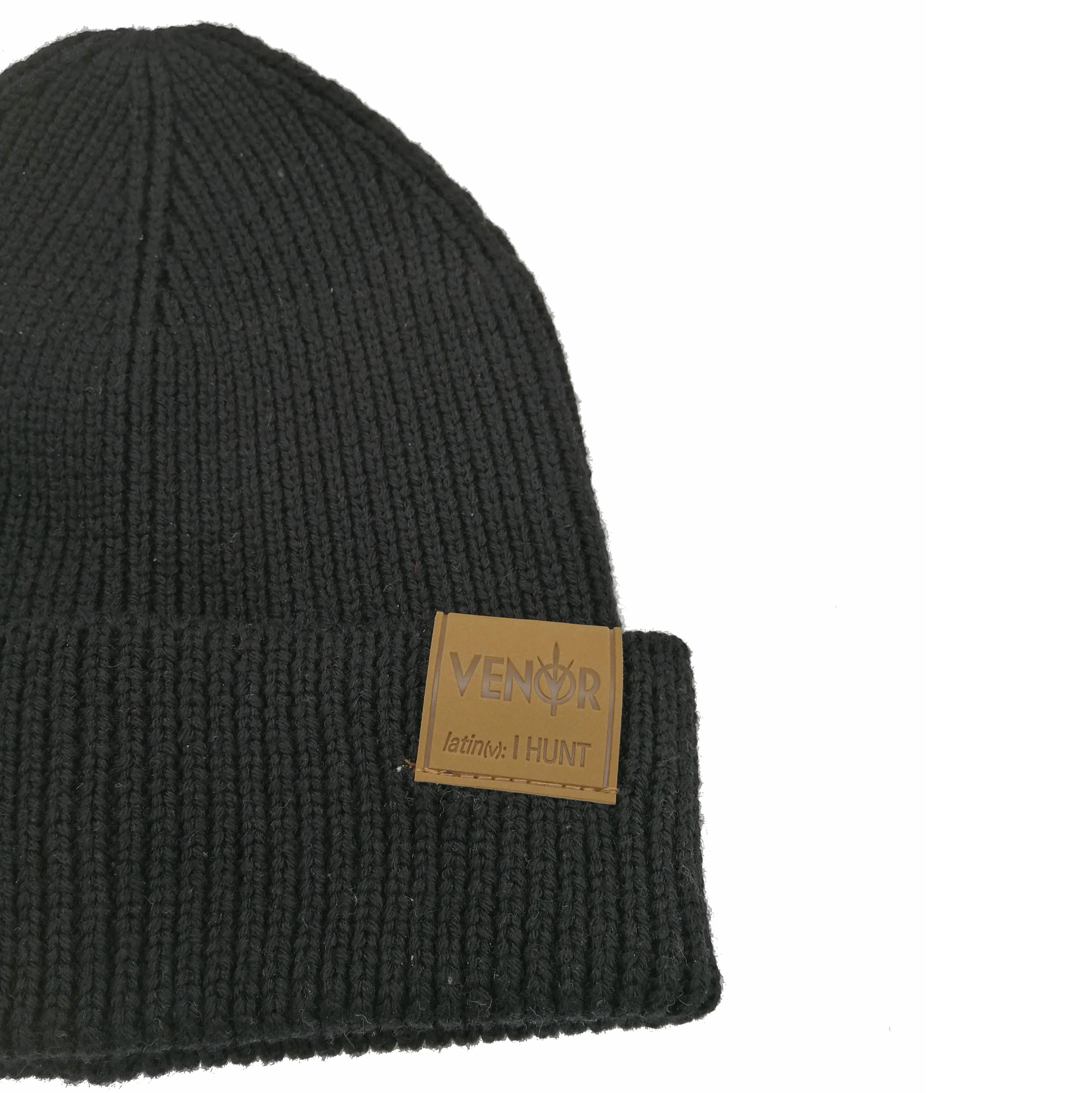 Black Wool Blend Soft Fisherman Slouchy Custom Knitted Ribbed Beanie With Leather Label