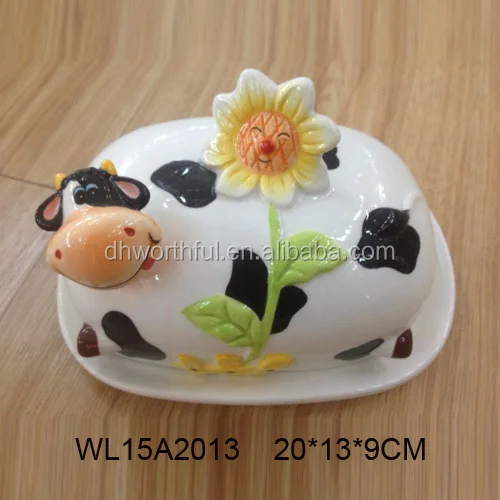 Cute cow shaped ceramic bread plate,ceramic butter dish with lids