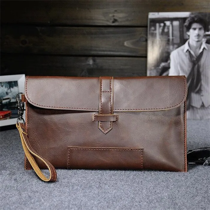 Wholesale personality vintage crazy horse leather wristlet handbag men envelope clutch bag