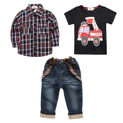 Checked shirt + tshirt + denim pants 3 pcs set children clothes fall kids clothing set for boys