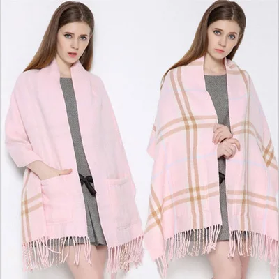 
Reversible Long Scarf Cashmere Feel Stole with Pocket Europe and America oversized thick pocket fringed cashmere plaid scarves 
