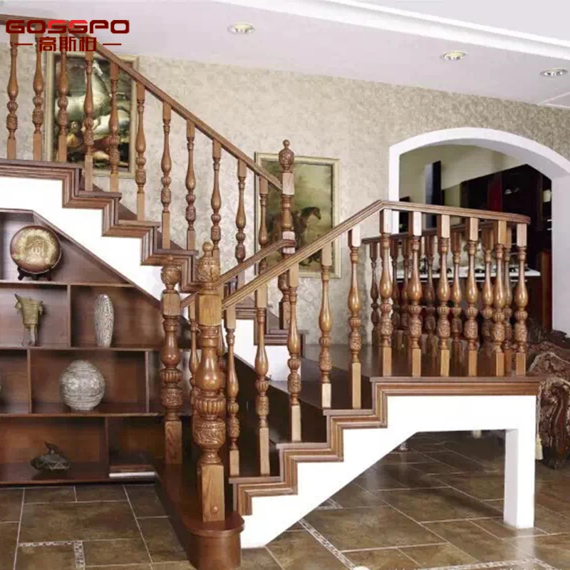 
American Red Oak Interior Antique Carved Wood Staircase 